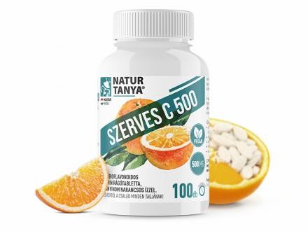 SZERVES C 500 – Kétféle C-vitamin és citrus bioflavonoidok gyomorkímélő  rágótablettában, finom narancs ízben 100 db