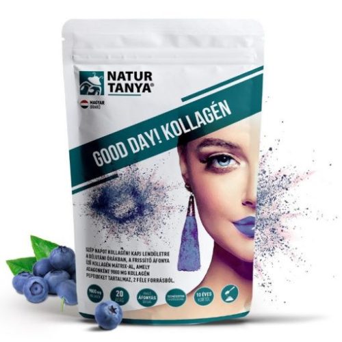 Natur Tanya® GOOD DAY! Kollagén por frissítő áfonya ízben - hal és marha kollagén peptidek, biotin, C-vitamin és cink-biszglicinát