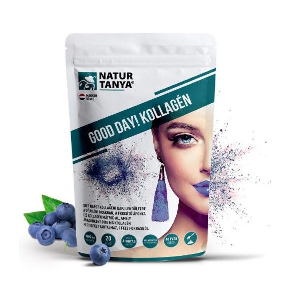 Natur Tanya® GOOD DAY! Kollagén por frissítő áfonya ízben - hal és marha kollagén peptidek, biotin, C-vitamin és cink-biszglicinát