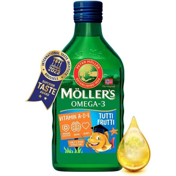 Möllers omega-3 halolaj étrend-kiegészítő a, d és e-vitaminnal, tutti-frutti ízesítéssel 250 ml